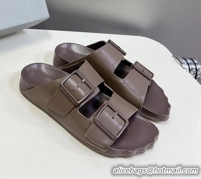 Good Looking Balenciaga Sunday Flat Slide Sandals in Calf Leather Grey 321135