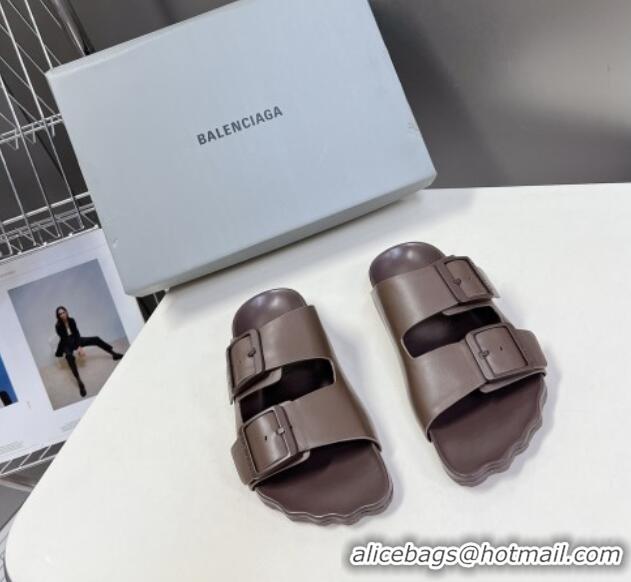 Good Looking Balenciaga Sunday Flat Slide Sandals in Calf Leather Grey 321135