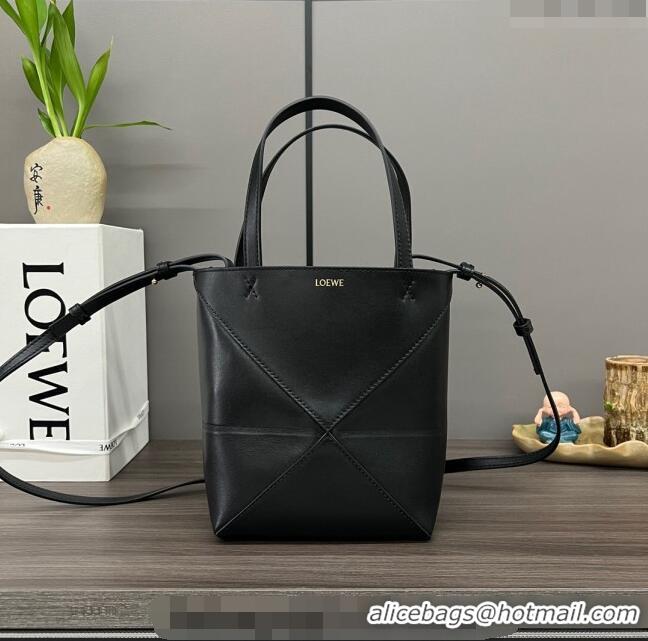 Top Quality Loewe Mini Puzzle Fold Tote in shiny calfskin L4067 Black 2023