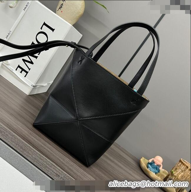 Top Quality Loewe Mini Puzzle Fold Tote in shiny calfskin L4067 Black 2023