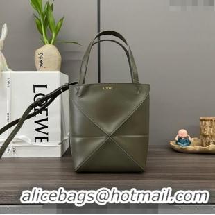 Shop Grade Loewe Mini Puzzle Fold Tote in shiny calfskin L4067 Dark Khaki Green 2023