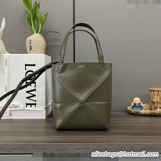 Shop Grade Loewe Mini Puzzle Fold Tote in shiny calfskin L4067 Dark Khaki Green 2023