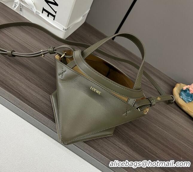 Shop Grade Loewe Mini Puzzle Fold Tote in shiny calfskin L4067 Dark Khaki Green 2023