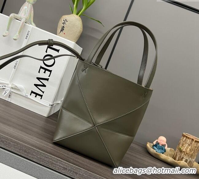 Shop Grade Loewe Mini Puzzle Fold Tote in shiny calfskin L4067 Dark Khaki Green 2023