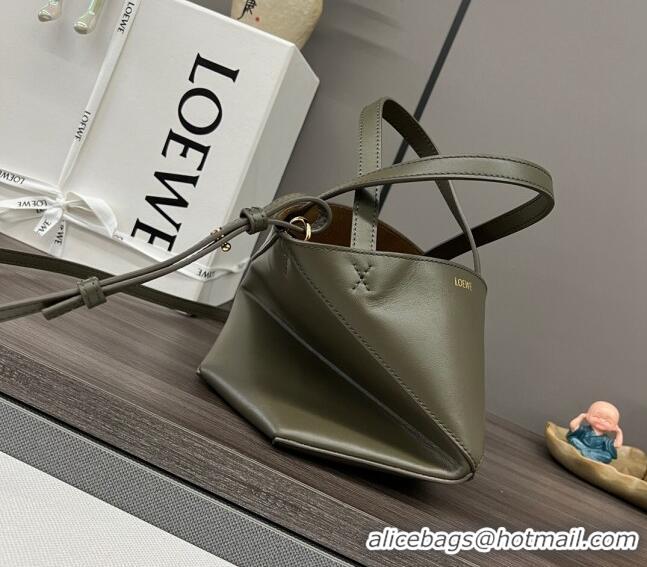 Shop Grade Loewe Mini Puzzle Fold Tote in shiny calfskin L4067 Dark Khaki Green 2023