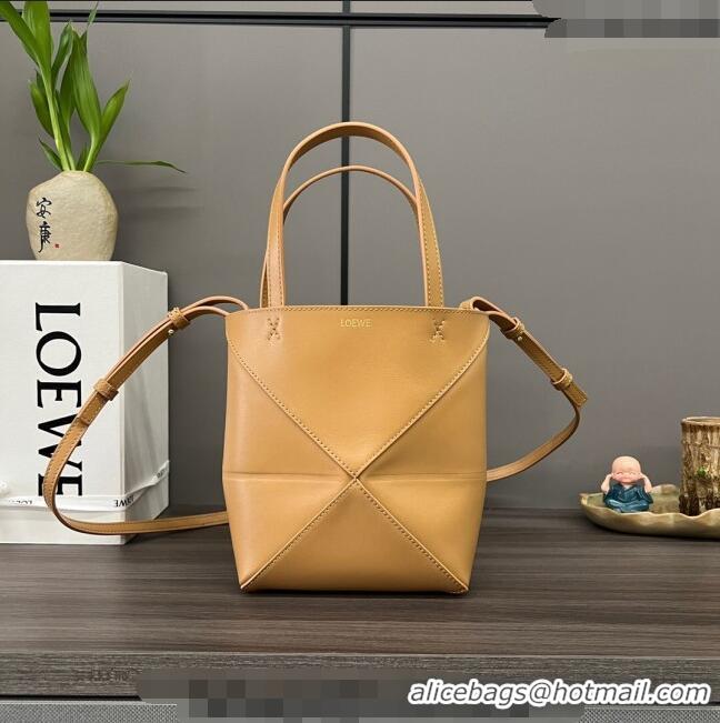 Grade Quality Loewe Mini Puzzle Fold Tote in shiny calfskin L4067 Warm Desert Brown 2023