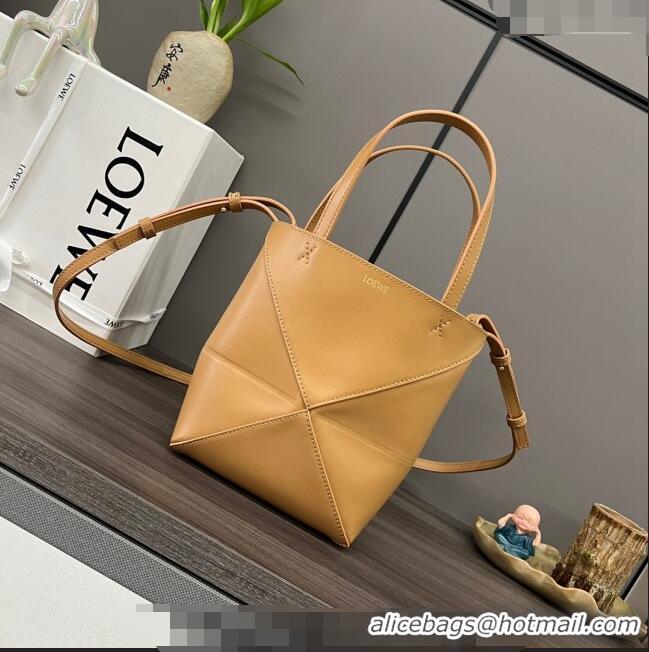 Grade Quality Loewe Mini Puzzle Fold Tote in shiny calfskin L4067 Warm Desert Brown 2023