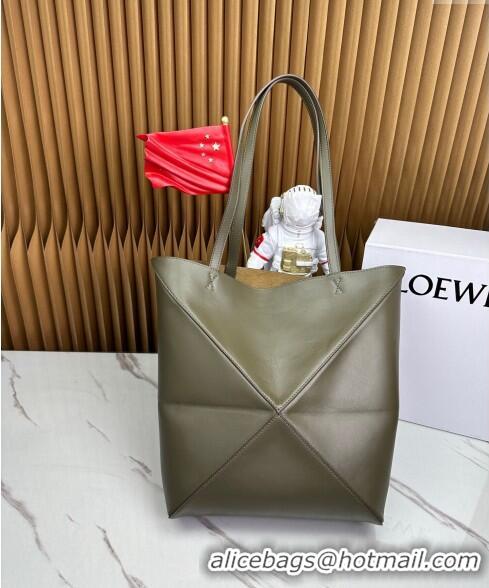 Best Luxury Loewe Medium Puzzle Fold Tote in shiny calfskin LE4068 Dark Khaki Green 2023