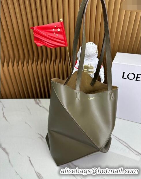 Best Luxury Loewe Medium Puzzle Fold Tote in shiny calfskin LE4068 Dark Khaki Green 2023