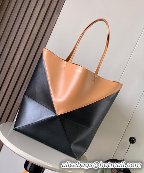 Buy Discount Loewe Large Puzzle Fold Tote in shiny calfskin 9033 Brown/Black 2023