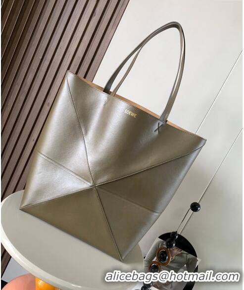 Best Design Loewe Large Puzzle Fold Tote in shiny calfskin 9033 Khaki Green 2023