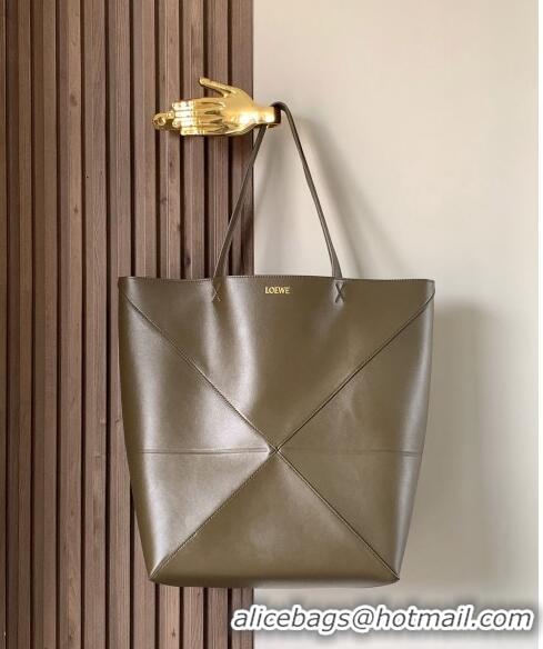 Best Design Loewe Large Puzzle Fold Tote in shiny calfskin 9033 Khaki Green 2023