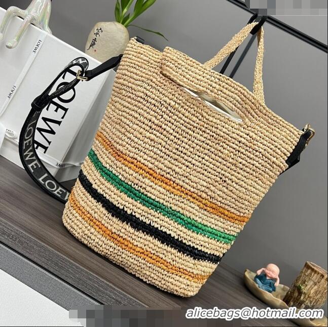 Grade Design Loewe Mini Slit Tote bag in striped raffia straw and calfskin 101131 Beige/Multicolor 2023