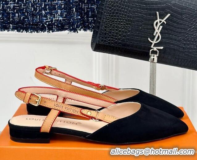 Popular Style Louis Vuitton Blossom Slingback Flat Ballerinas in Suede Black 0320013