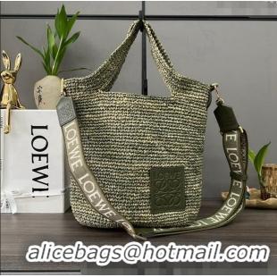 Free Shipping Loewe Mini Slit Tote bag in striped raffia straw and calfskin 101131 Green 2023