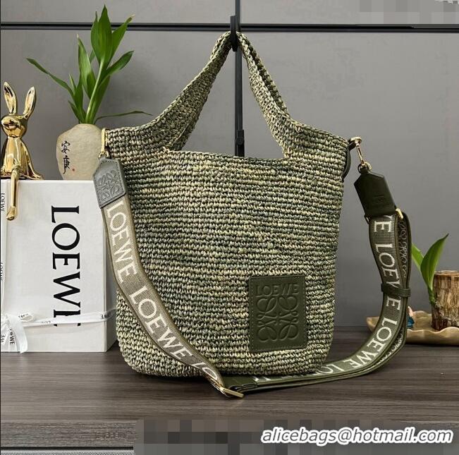 Free Shipping Loewe Mini Slit Tote bag in striped raffia straw and calfskin 101131 Green 2023