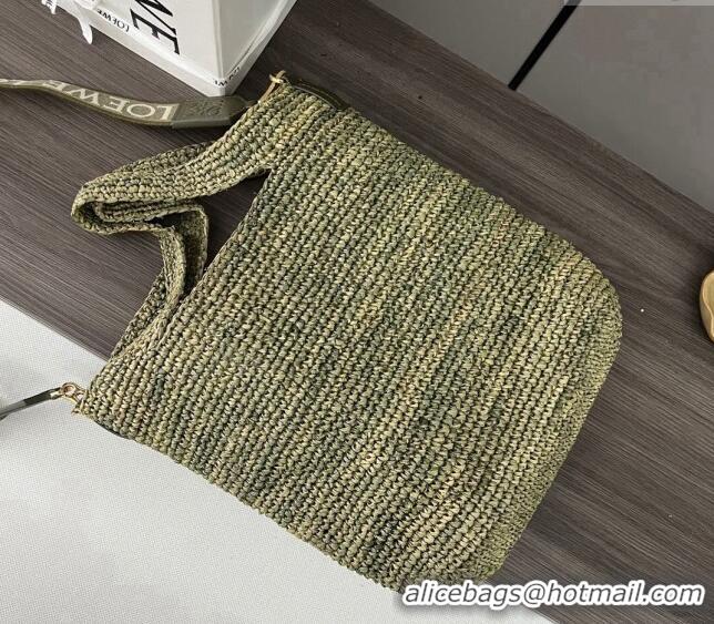 Free Shipping Loewe Mini Slit Tote bag in striped raffia straw and calfskin 101131 Green 2023