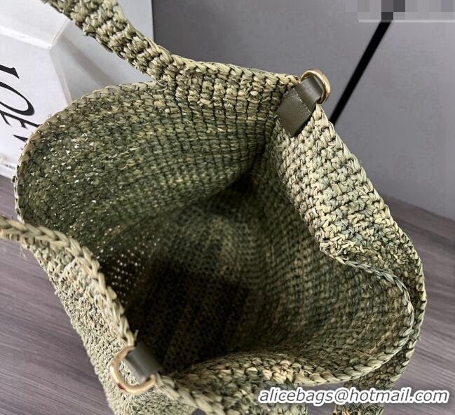 Free Shipping Loewe Mini Slit Tote bag in striped raffia straw and calfskin 101131 Green 2023