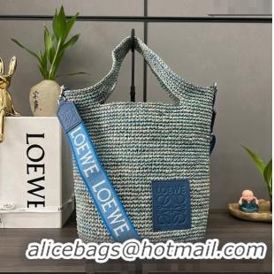 Unique Grade Loewe Mini Slit Tote bag in striped raffia straw and calfskin 101131 Blue 2023