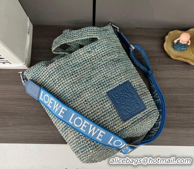 Unique Grade Loewe Mini Slit Tote bag in striped raffia straw and calfskin 101131 Blue 2023