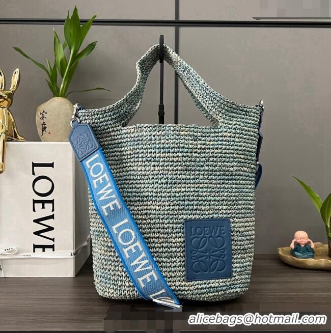 Unique Grade Loewe Mini Slit Tote bag in striped raffia straw and calfskin 101131 Blue 2023