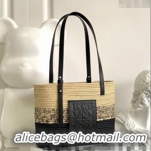 Best Quality Loewe Small Square Basket Bag in Raffia Straw and Calfskin 10112 Black 2023