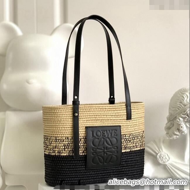 Best Quality Loewe Small Square Basket Bag in Raffia Straw and Calfskin 10112 Black 2023