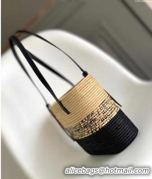 Best Quality Loewe Small Square Basket Bag in Raffia Straw and Calfskin 10112 Black 2023