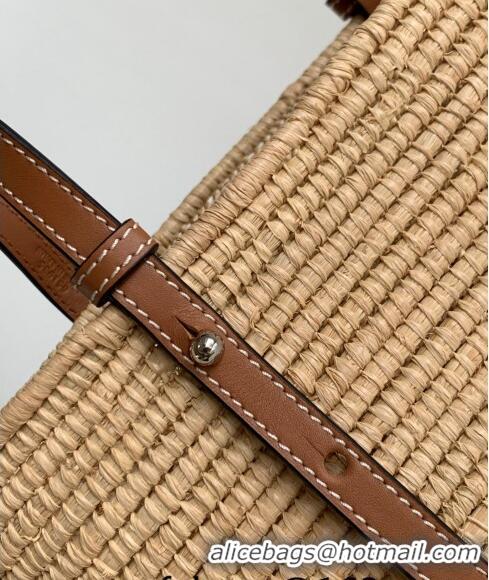 Inexpensive Loewe Small Square Basket Bag in Raffia Straw and Calfskin 10112 Brown 2023