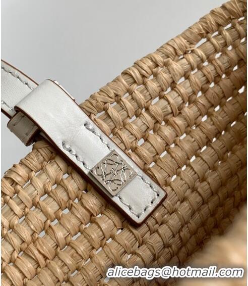 New Fashion Loewe Small Square Basket Bag in Raffia Straw and Calfskin 10112 White 2023