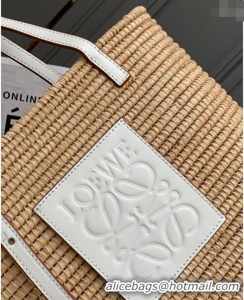 New Fashion Loewe Small Square Basket Bag in Raffia Straw and Calfskin 10112 White 2023