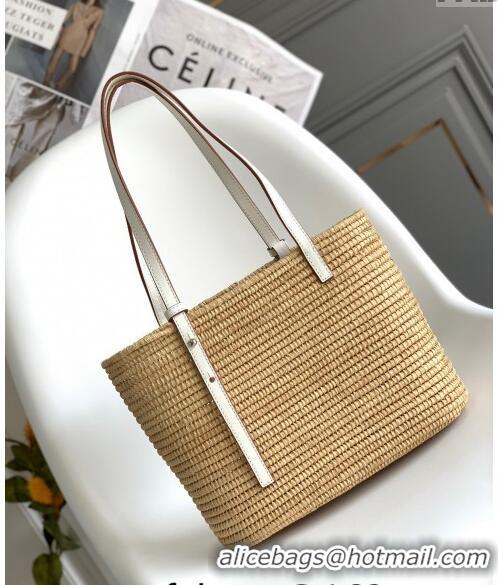 New Fashion Loewe Small Square Basket Bag in Raffia Straw and Calfskin 10112 White 2023