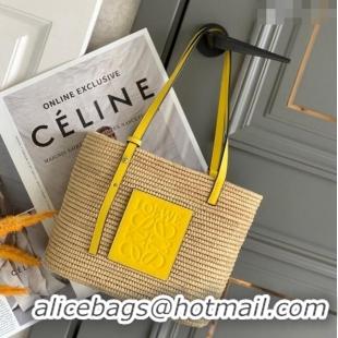 Super Quality Loewe Small Square Basket Bag in Raffia Straw and Calfskin 10112 Yellow 2023