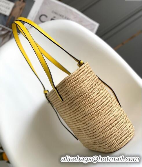 Super Quality Loewe Small Square Basket Bag in Raffia Straw and Calfskin 10112 Yellow 2023