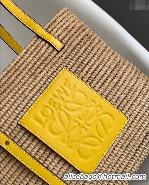 Super Quality Loewe Small Square Basket Bag in Raffia Straw and Calfskin 10112 Yellow 2023