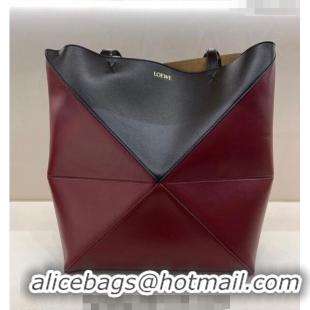 Inexpensive Loewe Medium Puzzle Fold Tote in patchwork calfskin LO1047 Dark Red/Black 2023