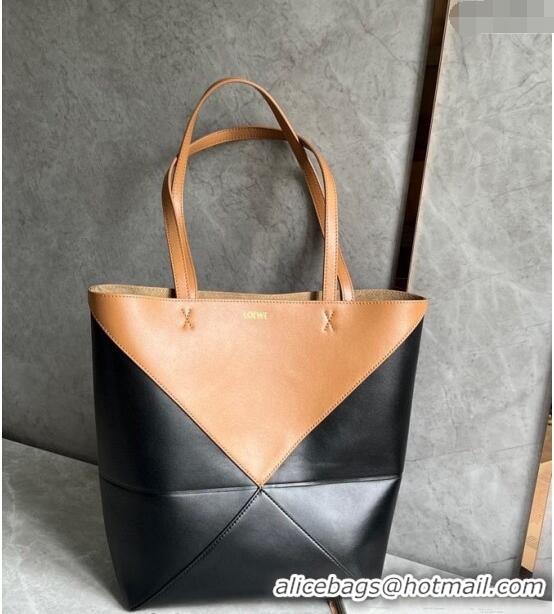 New Design Loewe Medium Puzzle Fold Tote in patchwork calfskin LO1047 Black/Brown 2023