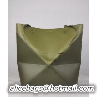 Discount Loewe Medium Puzzle Fold Tote in patchwork calfskin LO1047 Khaki Green/Light Green 2023