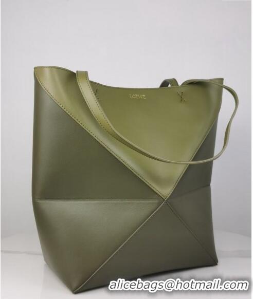 Discount Loewe Medium Puzzle Fold Tote in patchwork calfskin LO1047 Khaki Green/Light Green 2023