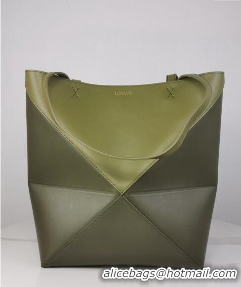 Discount Loewe Medium Puzzle Fold Tote in patchwork calfskin LO1047 Khaki Green/Light Green 2023