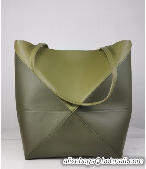 Discount Loewe Medium Puzzle Fold Tote in patchwork calfskin LO1047 Khaki Green/Light Green 2023