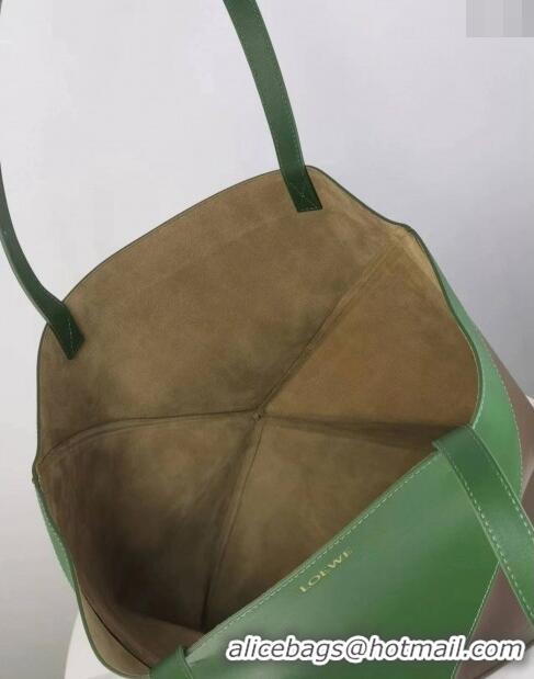 Top Quality Loewe Large Puzzle Fold Tote in patchwork calfskin LO1052 Umber Grey/Hunter Green 2023