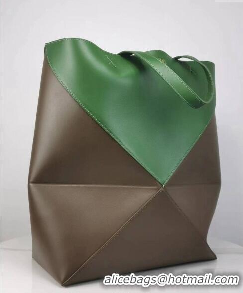 Top Quality Loewe Large Puzzle Fold Tote in patchwork calfskin LO1052 Umber Grey/Hunter Green 2023