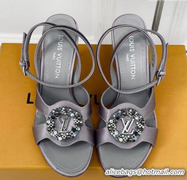 Luxury Louis Vuitton Met Satin Sandals 9cm with Crystals LV Circle Grey 0320029