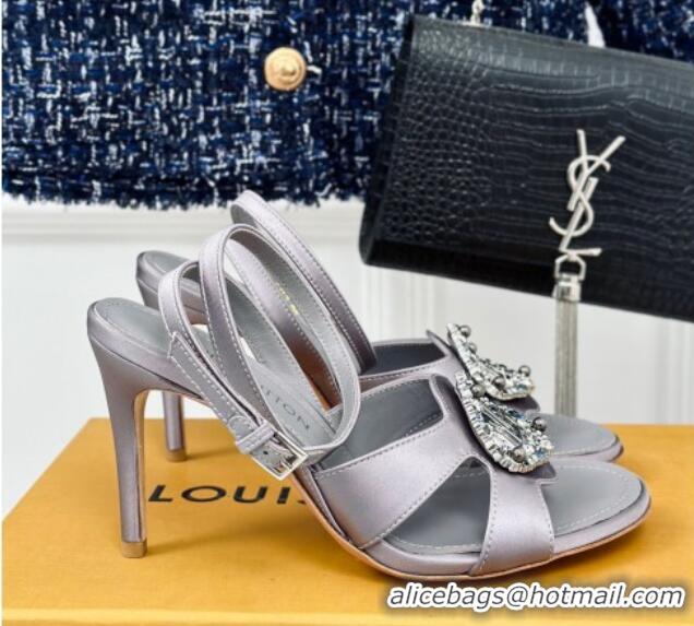 Luxury Louis Vuitton Met Satin Sandals 9cm with Crystals LV Circle Grey 0320029