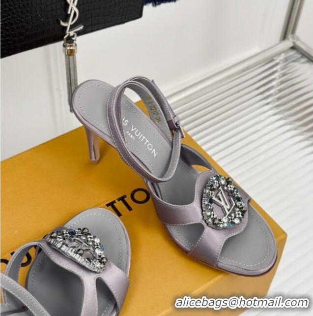 Luxury Louis Vuitton Met Satin Sandals 9cm with Crystals LV Circle Grey 0320029