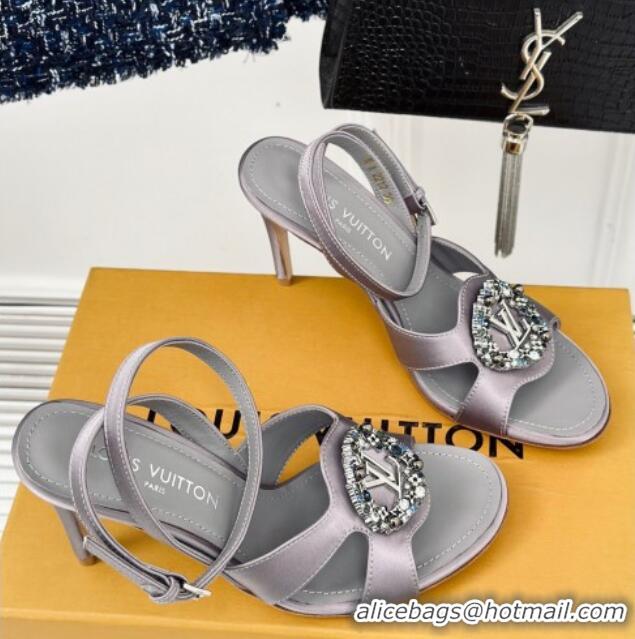 Luxury Louis Vuitton Met Satin Sandals 9cm with Crystals LV Circle Grey 0320029