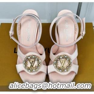 Good Product Louis Vuitton Met Satin Sandals 9cm with Crystals LV Circle Light Pink 0320030