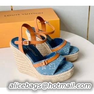 Grade Quality Louis Vuitton Helios Wedge Sandals 12cm in Light Blue Monogram Denim 0320040