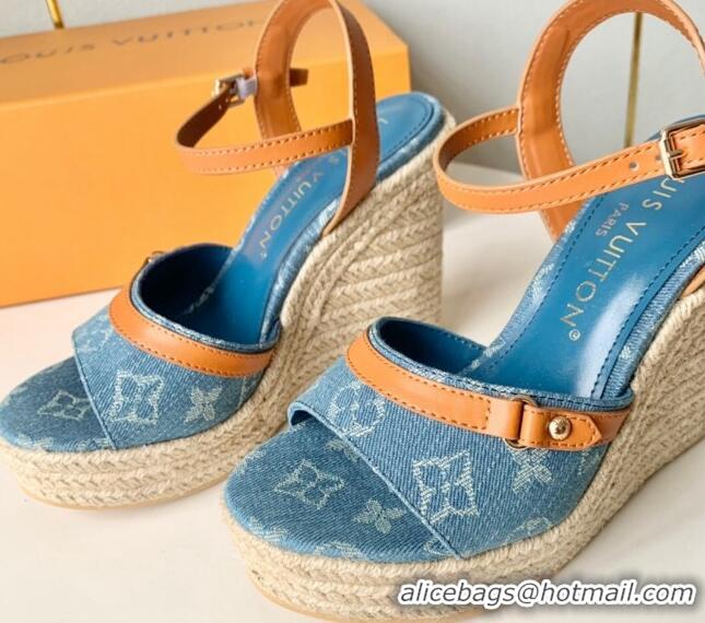 Grade Quality Louis Vuitton Helios Wedge Sandals 12cm in Light Blue Monogram Denim 0320040